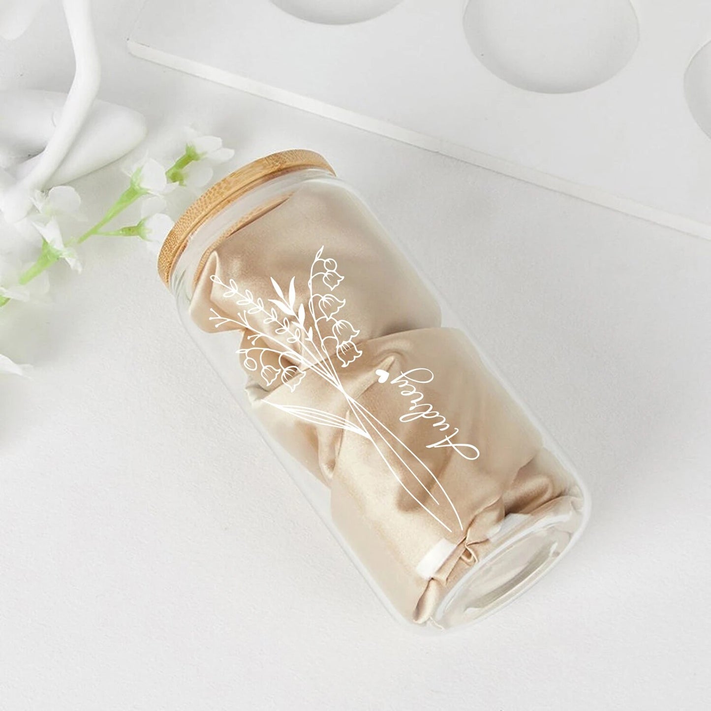 Personalized Glass Can with Lid and Straw Birth Flower