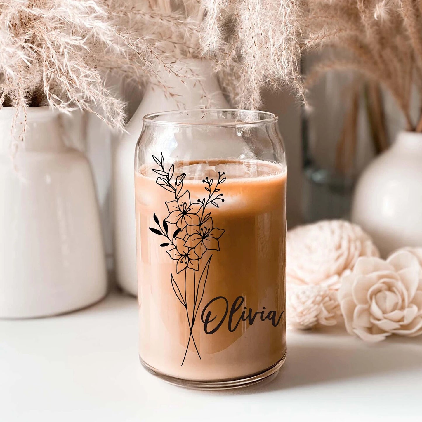 Personalized Glass Can with Lid and Straw Birth Flower